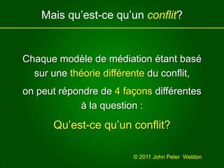 Mais qu’est-ce qu’un conflit?Chaque modèle de médiation étant basé sur une théorie différente du conflit,on peut répondre de 4 façons différentesà la question :Qu’est-ce qu’un conflit?© 2011 John Peter  Weldon 