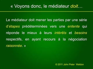 « Voyons donc, le médiateur doit…Le médiateur doit mener les parties par une série d’étapes prédéterminéesvers une entente qui réponde le mieux à leurs intérêts et besoins respectifs, en ayant recours à la négociation raisonnée. »© 2011 John Peter  Weldon 