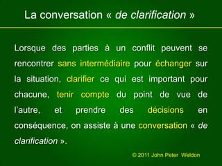 La conversation « de clarification »Lorsque des parties à un conflitpeuvent se rencontrersans intermédiairepour échangersur la situation, clarifierce qui est important pour chacune, tenircomptedu point de vue de l’autre, et prendre des décisions en conséquence, on assiste à uneconversation « de clarification ».© 2011 John Peter  Weldon 