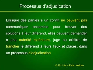 Processusd’adjudicationLorsque des parties à un conflitne peuvent pas communiquer ensemble pour trouver des solutions à leurdifférend, ellespeuvent demander à uneautoritéextérieure, jugeouarbitre, de trancherle différend à leurslieux et places, dans unprocessusd’adjudication© 2011 John Peter  Weldon 
