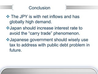 Conclusion
v  The JPY is with net inflows and has
  globally high demand.
v Japan should increase interest rate to
  avoid the “carry trade” phenomenon.
v Japanese government should wisely use
  tax to address with public debt problem in
  future.
 