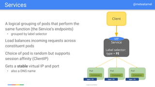 Google Cloud Platform
Services
Client
Pod
Container
Pod
Container
Pod
Container
A logical grouping of pods that perform the
same function (the Service’s endpoints)
• grouped by label selector
Load balances incoming requests across
constituent pods
Choice of pod is random but supports
session affinity (ClientIP)
Gets a stable virtual IP and port
• also a DNS nametype =
Service
Label selector:
type = FE
VIP
type = FE type = FE type = FE
@meteatamel
 