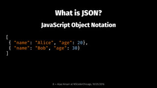 What is JSON?
JavaScript Object Notation
[
{ "name": "Alice", "age": 20},
{ "name": "Bob", "age": 30}
]
8 — Aijaz Ansari a...