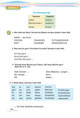 154154
MODUL 6
Für Wissbegierige
Deutsch Englisch
selten seldom
Wochenende n weekend
finden to find
1. Wie heißt das Wort? Schreib die Wörter mit dem Artikel in dein Heft.
KMIRI — der Krimi
ICSCOM		TEANDOEK		FICTIONSCIENCE
ZIWT			CHENMÄR		ZÄGENHERLUN
2. Was liest du gern? Und deine Freunde? Schreib in dein Heft.
Ich lese gern … .
Anna liest gern … .
Und Max liest gern … .
3*. Schreib einen Bericht zum Thema „Wir lesen Bücher gern“
(Sieh Üb. 6, S. 153).
Viele Schüler ... .			 Viele Mädchen / Jungen ...
Nur wenige ... .				 Gern ... .
Oft ... . 					 Selten ... .
4. Bilde Sätze. Schreib in dein Heft.
— Ich finde Gedichte interessant.
zu
wo
ich
est
was
lest
gern
ihr
oft
mir
und
sind
finde
lese
prima
warum
selten
Witze
Hause
gefallen
Comics
Märchen
Gedichte
fantastisch
Anekdoten
Erzählungen
Kinderbücher
Sciencefiction
interessant
 