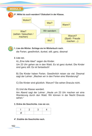 162162
MODUL 6
5*. Willst du auch wandern? Diskutiert in der Klasse.
1. Lies die Wörter. Schlage sie im Wörterbuch nach.
die Ferien, gewöhnlich, dunkel, still, ganz, diesmal
2. Lies vor.
A) „Eine tolle Idee!“ sagen die Kinder.
Um 23 Uhr gehen sie in den Wald. Es ist ganz dunkel. Die Kinder
sind ganz still. Es ist fantastisch!
B) Die Kinder haben Ferien. Gewöhnlich reisen sie viel. Diesmal
sagt der Lehrer: „Machen wir in den Ferien eine Wanderung!“
C) Die Kinder sind glücklich. Warum? Sie sehen Dracula nicht.
D) Und die Klasse wandert.
Am Abend sagt der Lehrer: „Heute um 23 Uhr machen wir eine
Wanderung durch den Wald. Wir können in der Nacht Dracula
sehen.“
3. Ordne die Geschichte. Lies sie vor.
1 2 3 4
B
4*. Erzähle die Geschichte nach.
Wir wandern
Wer?
Wo?
Wann?
Wohin?
Was?
(sehen / besuchen /
machen) Warum?
(Spaß / Freude
machen ...)
 