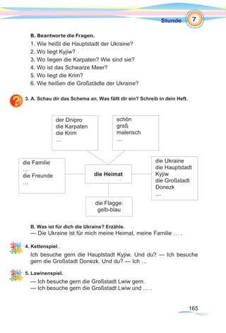 165165
Stunde
B. Beantworte die Fragen.
1. Wie heißt die Hauptstadt der Ukraine?
2. Wo liegt Kyjiw?
3. Wo liegen die Karpaten? Wie sind sie?
4. Wo ist das Schwarze Meer?
5. Wo liegt die Krim?
6. Wie heißen die Großstädte der Ukraine?
3. A. Schau dir das Schema an. Was fällt dir ein? Schreib in dein Heft.
B. Was ist für dich die Ukraine? Erzähle.
— Die Ukraine ist für mich meine Heimat, meine Familie … .
4. Kettenspiel.
Ich besuche gern die Hauptstadt Kyjiw. Und du? — Ich besuche
gern die Großstadt Donezk. Und du? — Ich …
5. Lawinenspiel.
— Ich besuche gern die Großstadt Lwiw gern.
— Ich besuche gern die Großstadt Lwiw und … .
der Dnipro
die Karpaten
die Krim
…
die Familie
…
die Freunde
…
die Ukraine
die Hauptstadt
Kyjiw
die Großstadt
Donezk
…
die Flagge:
gelb-blau
die Heimat
schön
groß
malerisch
…
7
 