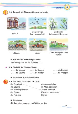 183183
Stunde
2. A. Schau dir die Bilder an. Lies und merke dir.
B. Was passiert im Frühling? Erzähle.
Im Frühling taut es. Im Frühling … .
3. A. Wie heißt der Singular? Sage.
… — die Monate	 … — die Bauern		 … — die Blumen
… — die Bäume	 … — die Kinder		 … — die Knospen
B. Bilde Sätze. Schreib in dein Heft.
4. A. Was passt zusammen? Ordne zu.
die Zugvögel 				 pflügen und säen
die Bäume 				 im März beginnen
die Frühlingsblumen 			 zurück kommen
die Bauern				Knospen bekommen
der Frühling 				blühen
B. Bilde Sätze.
Die Zugvögel kommen im Frühling zurück.
es taut
pflügen säen
Die Zugvögel
kommen zurück.
Die Bäume
bekommen Knospen.
Die Frühlingsblumen
blühen.
3
 