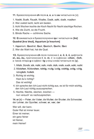 237
11. Буквосполучення ch після a, o, u та au читається як [x].
1. Nacht, Buch, Rauch, Woche, Dach, acht, doch, machen
2. Wer zuletzt lacht, lacht am besten.
3. Acht Wochen kochte der Koch Nacht für Nacht stachlige Rochen.
4. Wie die Zucht, so die Frucht.
5. Blinde Rache — schlimme Sache.
12. Q вживається в буквосполученні qu і читається як [kv]:
Quadrat [kva´drα:t], Aquarium [a´kvα:riυm]
1. Aquarium, Quadrat, Qual, Quatsch, Quelle, Quiz
2. Wer die Wahl hat, hat die Qual.
13. Буквосполучення ch після голосних i, e, ö, ä, ü, дифтонгів
ei, eu, äu, приголосних l, n, m, r і в суфіксах -chen, -lich,
а також літера g в суфіксі -ig у кінці слова читається як [ç].
1. Milch, Storch, ich, nicht, sich, mich, dich, reich, euch, echt, recht
2. Mädchen, Mütterchen, richtig, mutig, lustig, wichtig, zeitig, ruhig,
königlich, freilich
3. Richtig ist wichtig.
Hast du’s richtig?
Das ist wichtig!
4. Ich spreche den Ich-Laut nicht richtig aus, es ist für mich wichtig,
den Ich-Laut richtig auszusprechen.
5. Hechte, Nächte, stechen, brechen —
nun versuch’ es nachzusprechen.
14. er [ ] — Peter, der Vater, die Mutter, der Bruder, die Schwester,
der Lehrer, der Sportler, schwer, er, wer, der
Wer will, der kann.
Guter Rat ist immer teuer.
Einer ist meiner;
ein ganz feiner
ist Heiner,
mein Heiner!
 