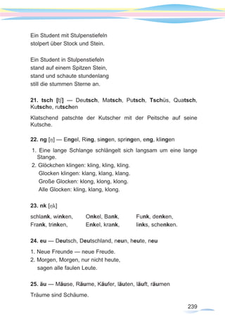 239
Ein Student mit Stulpenstiefeln
stolpert über Stock und Stein.
Ein Student in Stulpenstiefeln
stand auf einem Spitzen Stein,
stand und schaute stundenlang
still die stummen Sterne an.
21. tsch [t∫] — Deutsch, Matsch, Putsch, Tschüs, Quatsch,
Kutsche, rutschen
Klatschend patschte der Kutscher mit der Peitsche auf seine
Kutsche.
22. ng [ŋ] — Engel, Ring, singen, springen, eng, klingen
1. Eine lange Schlange schlängelt sich langsam um eine lange
Stange.
2. Glöckchen klingen: kling, kling, kling.
Glocken klingen: klang, klang, klang.
Große Glocken: klong, klong, klong.
Alle Glocken: kling, klang, klong.
23. nk [ŋk]
schlank, winken, 	 Onkel, Bank, 	 Funk, denken,
Frank, trinken, 	 Enkel, krank, 	 links, schenken.
24. eu — Deutsch, Deutschland, neun, heute, neu
1. Neue Freunde — neue Freude.
2. Morgen, Morgen, nur nicht heute,
sagen alle faulen Leute.
25. äu — Mäuse, Räume, Käufer, läuten, läuft, räumen
Träume sind Schäume.
 