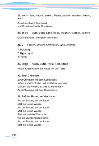 240240
26. au — Bau, Bauch, kaufen, Mauer, sauber, rauchen, bauen,
auch
Brautkleid bleibt Brautkleid
und Brautkraut bleibt Brautkraut.
27. ck [k] — Sack, Bock, Ecke, Rock, knacken, stricken, backen
Glück und Glas, wie leicht bricht das.
28. y — Ypsilon, System, Gymnastik, Lyrik, Analyse
1. Polonsky
2. Kyjiw, Iryna
3. Yacht
29. tz [ts] — Katze, Mütze, Platz, Fritz, sitzen
Kritze, Kratzi macht die Katze mit der Tatze.
30. Zwei Chinesen
Zwei Chinesen mit dem Kontrabass
saßen auf der Straße und erzählten sich was.
Da kam die Polizei, ei, was ist denn das?
Zwei Chinesen mit dem Kontrabass!
31. Auf der Mauer, auf der Lauer
Auf der Mauer, auf der Lauer
sitzt ’ne kleine Wanze.
Auf der Mauer, auf der Lauer
sitzt ’ne kleine Wanze.
Sieh dir mal die Wanze an,
wie die Wanze tanzen kann.
Auf der Mauer, auf der Lauer
sitzt ’ne kleine Wanze.
 