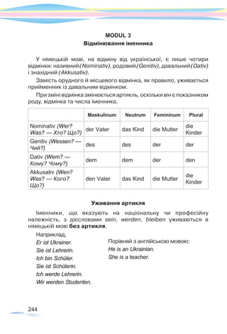 244
MODUL 3
Відмінювання іменника
У німецькій мові, на відміну від української, є лише чотири
відмінки: називний (Nominativ), родовий (Genitiv), давальний (Dativ)
і знахідний (Akkusativ).
Замість орудного й місцевого відмінка, як правило, уживається
прийменник із давальним відмінком.
При зміні відмінка змінюється артикль, оскільки він є показником
роду, відмінка та числа іменника.
Maskulinum Neutrum Femininum Plural
Nominativ (Wer?
Was? — Хто? Що?)
der Vater das Kind die Mutter
die
Kinder
Genitiv (Wessen? —
Чий?)
des des der der
Dativ (Wem? —
Кому? Чому?)
dem dem der den
Akkusativ (Wen?
Was? — Кого?
Що?)
den Vater das Kind die Mutter
die
Kinder
Уживання артикля
Іменники, що вказують на національну чи професійну
належність, з дієсловами sein, werden, bleiben уживаються в
німецькій мові без артикля.
Наприклад,
Er ist Ukrainer.
Sie ist Lehrerin.
Ich bin Schüler.
Sie ist Schülerin.
Ich werde Lehrerin.
Wir werden Studenten.
Порівняй з англійською мовою:
He is an Ukrainian.
She is a teacher.
 