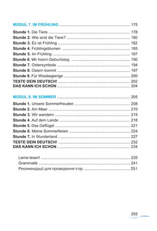 255
MODUL 7. IM FRÜHLING ................................................................. 175
Stunde 1. Die Tiere ........................................................................... 178
Stunde 2. Wie sind die Tiere? .......................................................... 180
Stunde 3. Es ist Frühling .................................................................. 182
Stunde 4. Frühlingsblumen .............................................................. 185
Stunde 5. Im Frühling ....................................................................... 187
Stunde 6. Wir feiern Geburtstag ...................................................... 190
Stunde 7. Ostersymbole ................................................................... 194
Stunde 8. Ostern kommt ................................................................... 197
Stunde 9. Für Wissbegierige ............................................................. 200
TESTE DEIN DEUTSCH! .................................................................. 202
DAS KANN ICH SCHON ................................................................... 204
MODUL 8. IM SOMMER ................................................................... 205
Stunde 1. Unsere Sommerfreuden ................................................... 208
Stunde 2. Am Meer ........................................................................... 210
Stunde 3. Wir wandern ..................................................................... 215
Stunde 4. Auf dem Lande ................................................................. 218
Stunde 5. Das Geflügel ..................................................................... 221
Stunde 6. Meine Sommerferien ........................................................ 224
Stunde 7. In Wunderland .................................................................. 227
TESTE DEIN DEUTSCH! .................................................................. 232
DAS KANN ICH SCHON ................................................................... 234
Lerne lesen! .................................................................................. 235
Grammatik .................................................................................... 241
Рекомендації для проведення ігор ...................................... 251
 