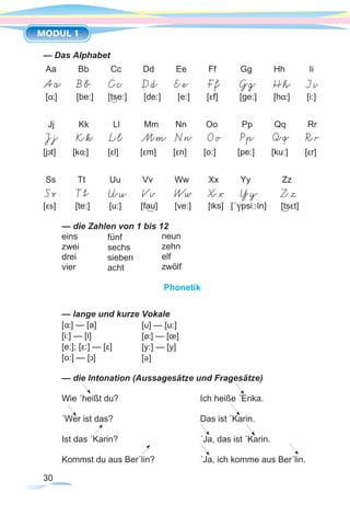 30
MODUL 1
— Das Alphabet
Aa Bb Cc Dd Ee Ff Gg Hh Ii
[α:] [be:] [tse:] [de:] [e:] [εf] [ge:] [hα:] [i:]
Jj Kk Ll Mm Nn Oo Pp Qq Rr
[j t] [kα:] [εl] [εm] [εn] [o:] [pe:] [ku:] [εr]
Ss Tt Uu Vv Ww Xx Yy Zz
[εs] [te:] [u:] [fau] [ve:] [Iks] [´γpsi ln] [tsεt]
— die Zahlen von 1 bis 12
eins
zwei
drei
vier
Phonetik
— lange und kurze Vokale
[α:] — [a]
[i:] — [I]
[e:]; [ε:] — [ε]
[o:] — [ ]
— die Intonation (Aussagesätze und Fragesätze)
Wie ´heißt du? 				 Ich heiße ´Erika.
´Wer ist das? 				 Das ist ´Karin.
Ist das ´Karin? 			 ´Ja, das ist ´Karin.
Kommst du aus Ber´lin? 		 ´Ja, ich komme aus Ber´lin.
∩
fünf
sechs
sieben
acht
neun
zehn
elf
zwölf
[υ] — [u:]
[ø:] — [œ]
[y:] — [y]
[ә ]
 