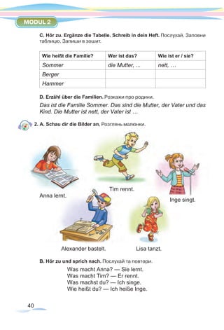 40
MODUL 2
C. Hör zu. Ergänze die Tabelle. Schreib in dein Heft. Послухай. Заповни
таблицю. Запиши в зошит.
Wie heißt die Familie? Wer ist das? Wie ist er / sie?
Sommer die Mutter, ... nett, …
Berger
Hammer
D. Erzähl über die Familien. Розкажи про родини.
Das ist die Familie Sommer. Das sind die Mutter, der Vater und das
Kind. Die Mutter ist nett, der Vater ist …
2. A. Schau dir die Bilder an. Розглянь малюнки.
			
Tim rennt.
Anna lernt.
Alexander bastelt.	 Lisa tanzt.
B. Hör zu und sprich nach. Послухай та повтори.
Was macht Anna? — Sie lernt.
Was macht Tim? — Er rennt.
Was machst du? — Ich singe.
Wie heißt du? — Ich heiße Inge.
Inge singt.	
	
 