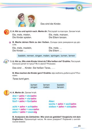 45
Stunde
2. A. Hör zu und sprich nach. Merke dir. Послухай та повтори. Запам’ятай.
Ele, mele, mielen,			 Ele, mele, manzen,
Die Kinder spielen.			 Die Eltern tanzen.
B. Mache deinen Reim zu den Verben. Склади своє римування до діє-
слів.
Ele, mele, masteln, 			 Ele, mele, …
Die Kinder … 				 Die Eltern …	
basteln, rennen, singen, malen, springen, turnen, lernen
3. A. Hör zu. Wie viele Kinder hörst du? Wie heißen sie? Erzähle. Послухай.
Скількох дітей ти чуєш? Як їх звати? Розкажи.
Das sind … Kinder. Sie heißen Taras, … .
B. Was machen die Kinder gern? Erzähle. Що люблять робити діти? Роз-
кажи.
Taras turnt gern.
	
4. A. Merke dir. Запам’ятай.
drei + zehn = dreizehn
vier + zehn = vierzehn
fünf + zehn = fünfzehn		 Aber:
						sechs + zehn = sechzehn
acht + zehn = achtzehn		 sieben + zehn = siebzehn
neun + zehn = neunzehn
zehn + zehn = zwanzig
B. Analysiere die Zahlwörter. Wie sind sie gebildet? Vergleiche mit dem
Englischen. Проаналізуй числа. Як вони утворені? Порівняй з англій-
ською мовою.
5
turnen 	 lernen 	 basteln
singen 	 malen 	 tanzen
Das sind die Kinder.
 