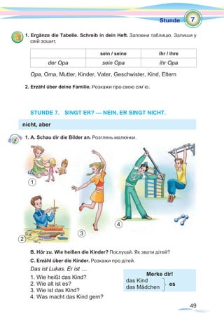 49
Stunde
1. Ergänze die Tabelle. Schreib in dein Heft. Заповни таблицю. Запиши у
свій зошит.
sein / seine ihr / ihre
der Opa sein Opa ihr Opa
Opa, Oma, Mutter, Kinder, Vater, Geschwister, Kind, Eltern
2. Erzähl über deine Familie. Розкажи про свою сім’ю.
STUNDE 7.	 SINGT ER? — NEIN, ER SINGT NICHT.
nicht, aber
1. A. Schau dir die Bilder an. Розглянь малюнки.
B. Hör zu. Wie heißen die Kinder? Послухай. Як звати дітей?
C. Erzähl über die Kinder. Розкажи про дітей.
Das ist Lukas. Er ist …
1. Wie heißt das Kind?		
Merke dir!
das Kind 	
das Mädchen
2. Wie alt ist es?
3. Wie ist das Kind?
4. Was macht das Kind gern?
7
2
4
1
3
es
 