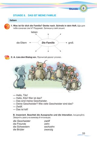 53
Stunde 8
lieben
STUNDE 8.	 DAS IST MEINE FAMILIE
1. Was ist für dich die Familie? Denke nach. Schreib in dein Heft. Що для
тебе означає сім’я? Подумай. Запиши у свій зошит.
2. A. Lies den Dialog vor. Прочитай діалог уголос.
— Hallo, Tito!
— Hallo, Kito! Wer ist das?
— Das sind meine Geschwister.
— Deine Geschwister? Wie viele Geschwister sind das?
— Zwölf.
— Das ist toll!
B. Inszeniert. Beachtet die Aussprache und die Intonation. Інсценуйте.
Зверніть увагу на вимову й інтонацію.
die Geschwister		 zwölf
die Freunde			zehn
die Schwestern			sechzehn
die Brüder			zwanzig
lieben
die Eltern großDie Familie
 