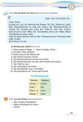 65
Stunde
3. A. Lies den Brief von Taras. Прочитай лист від Тараса.
B. Richtig oder falsch? Так чи ні?
1.Taras wohnt in Kyjiw. — Das ist richtig. Taras …
2. Es geht Taras schlecht.
3.Taras besucht die Klasse 6A.
4. Die Schule ist groß und alt.
5. Das Klassenzimmer ist hell und schön.
6. Der Bücherschrank ist links, die Fenster sind rechts.
7. Die Tafel ist vorn.
8. Der Lehrertisch ist hinten.
9. Die Schulbänke sind in der Mitte.
10. Die Schulbank von Taras steht rechts.
Für Wissbegierige
Deutsch Englisch
Schule f school
Halle f hall
Raum m room
Klasse f class
4. A. Lies den Dialog. Прочитай діалог.
— Wo ist deine Schulbank?
— Meine Schulbank ist vorne.
— Danke.
1
´Kyjiw, den 12.Ok´tober 20...
Liebe ´Erika,
es geht mir ´gut. Ich besuche die Klasse ´5A. Die ´Schule ist ´groß.
Das ´Klassenzimmer ist ´hell und ´schön. Der ´Bücherschrank ist
´rechts, die ´Fenster sind ´links. Die ´Tafel ist ´vorn. Der ´Lehrer-
tisch ist vorn in der ´Mitte. Die ´Schulbänke sind in der ´Mitte. Meine
´Schulbank ist vorne ´links.
´Wie ist ´deine Schule? Wie ist dein ´Klassenzimmer? Schreibe bitte!
Viele ´Grüße
dein Freund Ta´ras
 