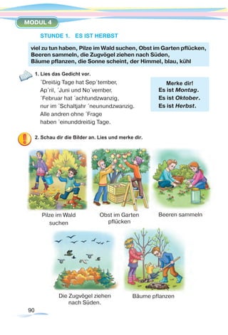 90
MODUL 4
90
STUNDE 1.	 ES IST HERBST
1. Lies das Gedicht vor.
´Dreißig Tage hat Sep´tember,
Ap´ril, ´Juni und No´vember.
´Februar hat ´achtundzwanzig,
nur im ´Schaltjahr ´neunundzwanzig.
Alle andren ohne ´Frage
haben ´einunddreißig Tage.
2. Schau dir die Bilder an. Lies und merke dir.
viel zu tun haben, Pilze im Wald suchen, Obst im Garten pflücken,
Beeren sammeln, die Zugvögel ziehen nach Süden,
Bäume pflanzen, die Sonne scheint, der Himmel, blau, kühl
Obst im Garten
pflücken
Bäume pflanzen
Beeren sammelnPilze im Wald
suchen
Die Zugvögel ziehen
nach Süden.
Merke dir!
Es ist Montag.
Es ist Oktober.
Es ist Herbst.
 