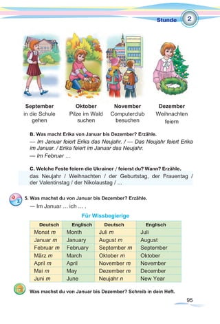 95
Stunde
B. Was macht Erika von Januar bis Dezember? Erzähle.
— Im Januar feiert Erika das Neujahr. / — Das Neujahr feiert Erika
im Januar. / Erika feiert im Januar das Neujahr.
— Im Februar …
С. Welche Feste feiern die Ukrainer / feierst du? Wann? Erzähle.
das Neujahr / Weihnachten / der Geburtstag, der Frauentag /
der Valentinstag / der Nikolaustag / ...
5. Was machst du von Januar bis Dezember? Erzähle.
— Im Januar ... ich ... .
Für Wissbegierige
Deutsch Englisch Deutsch Englisch
Monat m Month Juli m Juli
Januar m January August m August
Februar m February September m September
März m March Oktober m Oktober
April m April November m November
Mai m May Dezember m December
Juni m June Neujahr n New Year
Was machst du von Januar bis Dezember? Schreib in dein Heft.
2
Oktober
Pilze im Wald
suchen
November
Computerclub
besuchen
Dezember
Weihnachten
feiern
September
in die Schule
gehen
 