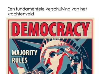Een fundamentele verschuiving van het
krachtenveld
1. Expertise
2. Kennis
3. Codes
4. Formele macht
1. gatekeeping
2. aankoopprocedures
3. gedragscontrole
 