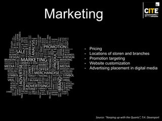 Marketing
- Pricing
- Locations of storen and branches
- Promotion targeting
- Website customization
- Advertising placement in digital media
Source: “Keeping up with the Quants”, T.H. Davenport
 