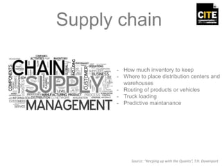 Supply chain
- How much inventory to keep
- Where to place distribution centers and
warehouses
- Routing of products or vehicles
- Truck loading
- Predictive maintanance
Source: “Keeping up with the Quants”, T.H. Davenport
 
