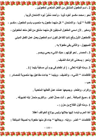 ~ 100 ~
2
. ‫لمفعولين‬ ‫المتعدي‬ ‫الفعل‬ ‫من‬ ‫المشتق‬ ‫المفعول‬ ‫اسم‬ ‫ـ‬
ٌ‫ر‬َ‫ب‬ْ‫خ‬ُ‫م‬ ‫وأحمد‬ ، ‫ثوبا‬ ‫أخوه‬ ‫مكسو‬ ‫محمد‬ : ‫نحو‬
. ‫قريبا‬ ‫االمتحان‬ ‫أبوه‬
، ‫مكسو‬ : ‫المفعول‬ ‫باسم‬ ‫منصوب‬ ‫به‬ ‫مفعول‬ ‫منهما‬ ‫كل‬ " ‫واالمتحان‬ ، ‫ثوبا‬ " ‫فكلمة‬
، ‫لمفعولين‬ ‫متعد‬ ‫فعل‬ ‫من‬ ‫مشتق‬ ‫منهما‬ ‫كل‬ ‫السابقين‬ ‫المفعول‬ ‫اسمي‬ ‫ألن‬ . ‫ومخبر‬
‫المبني‬ ‫الفعل‬ ‫عمل‬ ‫يعمل‬ ‫المفعول‬ ‫اسم‬ ‫لكون‬ ‫للفاعل‬ ‫نائبا‬ ‫وقع‬ ‫األول‬ ‫فالمفعول‬
‫والثاني‬ ، ‫للمجهول‬
. ‫به‬ ‫مفعوال‬ ‫بقي‬
3
. ‫ويصم‬ ‫يعمي‬ ‫الشيء‬ ‫حبك‬ : ‫قولهم‬ ‫نحو‬ . ‫المصدر‬ ‫ـ‬
. ‫الضيف‬ ‫إكرامك‬ ‫يسعدني‬ : ‫ونحو‬
3
} ‫يتيما‬ ‫مسغبة‬ ‫ذي‬ ‫يوم‬ ‫في‬ ‫إطعام‬ ‫أو‬ { : ‫تعالى‬ ‫قوله‬ ‫ومنه‬ ‫ـ‬
1
.
: ‫للمصادر‬ ‫منصوبة‬ ‫بها‬ ‫مفاعيل‬ ‫جاء‬ " ‫ويتيما‬ ، ‫والضيف‬ ، ‫الشيء‬ " ‫فالكلما‬
، ‫حب‬
‫عمل‬ ‫وجميعها‬ ، ‫وإطعام‬ ، ‫وإكرام‬
. ‫المتعدية‬ ‫أفعالها‬ ‫عمل‬ ‫ت‬
4
. ‫لضيوفه‬ ‫إبله‬ ٌ‫ر‬‫منحا‬ ‫والكريم‬ ، ‫الضر‬ ٌ‫ل‬‫حما‬ ‫أنت‬ : ‫نحو‬ . ‫المبالغة‬ ‫صيغ‬ ‫ـ‬
1
‫ـ‬ : ‫حزن‬ ‫بن‬ ‫القالح‬ ‫قول‬ ‫ومنه‬ ‫ـ‬
‫أعقال‬ ‫الخوالف‬ ‫بوالج‬ ‫وليس‬ ‫جاللها‬ ‫إليها‬ ‫لباسا‬ ‫الحرب‬ ‫أخا‬
: ‫المبالغة‬ ‫لصيغة‬ ‫به‬ ‫مفعوال‬ ‫منها‬ ‫كل‬ ‫جاء‬ " ‫وجاللها‬ ، ‫وإبله‬ ، ‫الضر‬ " ‫فالكلما‬
 