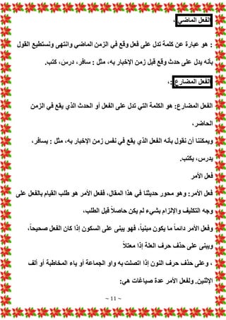 ~ 11 ~
‫الفعل‬
‫الماضي‬
،
‫القول‬ ‫ونستطيع‬ ‫وانتهى‬ ‫الماضي‬ ‫الزمن‬ ‫في‬ ‫وقع‬ ‫فعل‬ ‫على‬ ‫تدل‬ ‫كلمة‬ ‫عن‬ ‫عبارة‬ ‫هو‬ :
.‫كتب‬ ، َ
‫درس‬ ،‫سافر‬ : ‫مثل‬ ،‫به‬ ‫اإلخبار‬ ‫زمن‬ ‫قبل‬ ‫وقع‬ ‫حدث‬ ‫على‬ ‫يدل‬ ‫بأنه‬
‫الفعل‬
‫المضارع‬
،:
‫الزمن‬ ‫في‬ ‫يقع‬ ‫الذي‬ ‫الحدث‬ ‫أو‬ ‫الفعل‬ ‫على‬ ‫تدل‬ ‫التي‬ ‫الكلمة‬ ‫هو‬ :‫المضارع‬ ‫الفعل‬
،‫الحاضر‬
‫ال‬ ‫بأنه‬ ‫نقول‬ ‫أن‬ ‫ويمكننا‬
،‫يسافر‬ : ‫مثل‬ ،‫به‬ ‫اإلخبار‬ ‫زمن‬ ‫نفس‬ ‫في‬ ‫يقع‬ ‫الذي‬ ‫فعل‬
.‫يكتب‬ ،‫يدرس‬
‫األمر‬ ‫فعل‬
‫على‬ ‫بالفعل‬ ‫القيام‬ ‫طلب‬ ‫هو‬ ‫األمر‬ ‫ففعل‬ ،‫المقال‬ ‫هذا‬ ‫في‬ ‫حديثنا‬ ‫محور‬ ‫وهو‬ :‫األمر‬ ‫فعل‬
،‫الطلب‬ ‫قبل‬ ً‫ال‬‫حاص‬ ‫يكن‬ ‫لم‬ ‫بشيء‬ ‫واإللزام‬ ‫التكليف‬ ‫وجه‬
‫إ‬ ‫السكون‬ ‫على‬ ‫يبنى‬ ‫فهو‬ ،ً‫ا‬‫مبني‬ ‫يكون‬ ‫ما‬ ً‫ا‬‫دائم‬ ‫األمر‬ ‫وفعل‬
،ً‫ا‬‫صحيح‬ ‫الفعل‬ ‫كان‬ ‫ذا‬
ً‫ال‬‫معت‬ ‫إذا‬ ‫العلة‬ ‫حرف‬ ‫حذف‬ ‫على‬ ‫ويبنى‬
‫ألف‬ ‫أو‬ ‫المخاطبة‬ ‫ياء‬ ‫أو‬ ‫الجماعة‬ ‫واو‬ ‫به‬ ‫اتصلت‬ ‫إذا‬ ‫النون‬ ‫حرف‬ ‫حذف‬ ‫وعلى‬ ،
:‫هي‬ ‫صياغا‬ ‫عدة‬ ‫األمر‬ ‫ولفعل‬ .‫اإلثنين‬
 