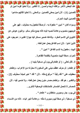 ~ 112 ~
‫وأظن‬ ‫ـ‬ ‫اآلخر‬ ‫البع‬ ‫عند‬
‫أو‬ ‫آمين‬ ‫قوما‬ ‫تحلوا‬ ‫وال‬ : ‫التقدير‬ ‫إذ‬ . ‫وأحسن‬ ‫أوجه‬ ‫ه‬
{ ‫قاصدين‬
1
‫ماداموا‬ ‫قتالهم‬ ‫تحلوا‬ ‫ال‬ : ‫والمعنى‬ ، ‫قاصدين‬ ‫بمعنى‬ ‫آمين‬ ‫آلن‬ ، }
. ‫الحرام‬ ‫البيت‬ ‫قاصدين‬
‫على‬ ‫فهو‬ ، ‫محذوف‬ ‫به‬ ‫لمفعول‬ ‫صفة‬ ‫أم‬ ، ‫به‬ ‫مفعوال‬ " ‫آمين‬ " ‫أكان‬ ‫وسواء‬
‫س‬ ‫مذكر‬ ‫جمع‬ ‫ألنه‬ ‫الياء‬ ‫نصبه‬ ‫وعالمة‬ ‫منصوب‬ ‫الوجهين‬
‫عن‬ ‫عوض‬ ‫والنون‬ ، ‫الم‬
‫على‬ ‫يعود‬ ‫هم‬ : ‫تقديره‬ ‫جوازا‬ ‫فيه‬ ‫مستتر‬ ‫ضمير‬ ‫وفاعله‬ ، ‫المفرد‬ ‫االسم‬ ‫في‬ ‫التنوين‬
. ‫فعله‬ ‫عمل‬ ‫يعمل‬ ‫الفاعل‬ ‫اسم‬ ‫ألن‬ ، ‫آمنوا‬ ‫الذين‬
. " ‫آمين‬ " ‫الفاعل‬ ‫السم‬ ‫به‬ ‫مفعول‬ : ‫البيت‬
. ‫الظاهرة‬ ‫بالفتحة‬ ‫منصوبة‬ ‫البيت‬ ‫صفة‬ : ‫الحرام‬
3
‫يو‬ ‫في‬ ‫إطعام‬ ‫أو‬ { : ‫تعالى‬ ‫قال‬ ‫ـ‬
. } ‫يتيما‬ ‫مسغبة‬ ‫ذي‬ ‫م‬
‫وإطعام‬ ، ‫اإلعراب‬ ‫من‬ ‫له‬ ‫محل‬ ‫ال‬ ‫السكون‬ ‫على‬ ‫مبني‬ ‫عطف‬ ‫حرف‬ ‫أو‬ : ‫إطعام‬ ‫أو‬
{ ‫محذوف‬ ‫لمبتدأ‬ ‫خبر‬ " ‫فك‬ " ‫ألن‬ ، ‫مثله‬ ‫مرفوع‬ " ‫رقبة‬ ‫فك‬ " ‫على‬ ‫معطوف‬
2
، }
‫ألن‬ ، ‫فيه‬ ‫ضمير‬ ‫وال‬ ، ‫فعله‬ ‫عمل‬ ‫يعمل‬ ‫منون‬ ‫مصدر‬ ‫وإطعام‬ ، ‫فك‬ ‫هو‬ : ‫والتقدير‬
‫كا‬ ‫الضمائر‬ ‫تتحمل‬ ‫ال‬ ‫المصادر‬
. ‫األخرى‬ ‫الوصفية‬ ‫لمشتقا‬
. " ‫إطعام‬ " ‫بـ‬ ‫متعلقان‬ ‫ومجرور‬ ‫جار‬ : ‫يوم‬ ‫في‬
‫األسماء‬ ‫من‬ ‫ألنه‬ ، ‫الياء‬ ‫الجر‬ ‫وعالمة‬ ، ‫مثله‬ ‫مجرورة‬ ‫ليوم‬ ‫صفة‬ ‫ذي‬ : ‫مسغبة‬ ‫ذي‬
 