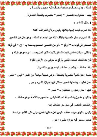 ~ 113 ~
. ‫بالكسرة‬ ‫مجرور‬ ‫إليه‬ ‫مضاف‬ ‫ومسغبة‬ ‫مضاف‬ ‫وذي‬ ، ‫الستة‬
. ‫الظاهرة‬ ‫بالفتحة‬ ‫منصوب‬ " ‫إطعام‬ " ‫للمصدر‬ ‫به‬ ‫مفعول‬ : ‫يتيما‬
1
‫قال‬ ‫ـ‬
: ‫الشاعر‬
‫أعقال‬ ‫الخوالف‬ ‫ج‬ّ‫ال‬‫بو‬ ‫وليس‬ ‫جاللها‬ ‫إليها‬ ‫لباسا‬ ‫الحرب‬ ‫أخا‬
‫الضمير‬ ‫من‬ ‫حال‬ ‫وهو‬ ، ‫الستة‬ ‫األسماء‬ ‫من‬ ‫ألنه‬ ‫باأللف‬ ‫منصوبة‬ ‫حال‬ : ‫الحرب‬ ‫أخا‬
‫قوله‬ ‫في‬ " ‫إن‬ " ‫بـ‬ ‫محال‬ ‫المنصوب‬ ‫الضمير‬ ‫من‬ ‫أو‬ ، " ‫أرفع‬ " ‫بـ‬ ‫قوله‬ ‫في‬ ‫المستتر‬
‫الذي‬ ‫للبيت‬ ‫السابق‬ ‫البيت‬ ‫في‬ ‫وكالهما‬ ، ‫فإنني‬ :
: ‫قوله‬ ‫وهو‬ ‫إعرابه‬ ‫بصدد‬ ‫نحن‬
‫أطوال‬ ‫األرض‬ ‫من‬ ‫حولي‬ ‫ما‬ ‫بأرفع‬ ‫فإنني‬ ‫السماء‬ ‫فاتتك‬ ‫تك‬ ‫فإن‬
. ‫بالكسرة‬ ‫مجرور‬ ‫إليه‬ ‫مضاف‬ ‫والحرب‬ ، ‫مضاف‬ ‫وأخا‬
‫تعمل‬ " ‫لبس‬ " ‫الفعل‬ ‫من‬ ‫مبالغة‬ ‫صيغة‬ ‫وهي‬ ، ‫بالفتحة‬ ‫منصوبة‬ ‫ثانية‬ ‫حال‬ : ‫لباسا‬
. ‫هو‬ : ‫تقديره‬ ‫جوازا‬ ‫فيها‬ ‫مستتر‬ ‫ضمير‬ ‫وفاعلها‬ ، ‫فعلها‬ ‫عمل‬
. " ‫لباس‬ " ‫بـ‬ ‫متعلقان‬ ‫ومجرور‬ ‫جار‬ : ‫إليها‬
، ‫مضاف‬ ‫وهو‬، ‫بالفتحة‬ ‫منصوب‬ ، ‫لباس‬ ‫المبالغة‬ ‫لصيغة‬ ‫به‬ ‫مفعول‬ : ‫جاللها‬
. ‫إليه‬ ‫مضاف‬ ‫جر‬ ‫محل‬ ‫في‬ ‫المتصل‬ ‫والضمير‬
‫واسمه‬ ، ‫الفتح‬ ‫على‬ ‫مبني‬ ‫ناقص‬ ‫ماض‬ ‫فعل‬ ‫ليس‬ ، ‫عطف‬ ‫حرف‬ ‫الواو‬ : ‫وليس‬
. ‫هو‬ : ‫تقديره‬ ‫جوازا‬ ‫فيه‬ ‫مستتر‬ ‫ضمير‬
 