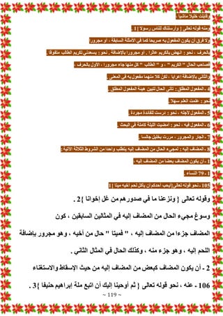 ~ 119 ~
، ‫ماشيا‬ ‫خليال‬ ‫وقابلت‬
} ‫رسوال‬ ‫للناس‬ ‫وأرسلناك‬ { ‫تعالى‬ ‫قوله‬ ‫ومنه‬
1
.
‫مجرورا‬ ‫أو‬ ، ‫السابقة‬ ‫األمثلة‬ ‫في‬ ‫كما‬ ‫صريحا‬ ‫به‬ ‫المفعول‬ ‫يكون‬ ‫أن‬ ‫فرق‬ ‫وال‬
‫ي‬ :‫نحو‬ . ‫باإلضافة‬ ‫مجرورا‬ ‫أو‬ . ‫عاثرا‬ ‫بالكريم‬ ‫انه‬ :‫نحو‬ ، ‫بالحرف‬
. ‫متفوقا‬ ‫الطالب‬ ‫تكريم‬‫سعدني‬
، ‫بالحرف‬ ‫األول‬ ، ‫مجرورا‬ ‫جاء‬ ‫منها‬ ‫كل‬ " ‫الطالب‬ " ‫و‬ ، " ‫الكريم‬ " ‫الحال‬ ‫فصاحب‬
. ‫المعنى‬ ‫في‬ ‫به‬ ‫مفعول‬ ‫منهما‬ ‫كال‬ ّ‫لكن‬ ، ‫إعرابا‬ ‫باإلضافة‬ ‫والثاني‬
4
. ‫المطلق‬ ‫المفعول‬ ‫هيئة‬ ‫لتبين‬ ‫الحال‬ ‫تأتى‬ :‫المطلق‬ ‫المفعول‬ ‫ـ‬
. ‫سهال‬ ‫العلم‬ ‫علمت‬ :‫نحو‬
5
‫المف‬ ‫ـ‬
. ‫مجردة‬ ‫للفائدة‬ ‫درست‬ :‫نحو‬ ، ‫ألجله‬ ‫عول‬
6
. ‫البحث‬ ‫في‬ ‫كاملة‬ ‫الليلة‬ ‫أمضيت‬ :‫نحو‬ ، ‫فيه‬ ‫المفعول‬ ‫ـ‬
7
. ‫جالسا‬ ‫بخليل‬ ‫مرر‬ ، ‫والمجرور‬ ‫الجار‬ ‫ـ‬
8
:‫اآلتية‬ ‫الثالثة‬ ‫الشروط‬ ‫من‬ ‫واحدا‬ ‫يتطلب‬ ‫إليه‬ ‫المضاف‬ ‫من‬ ‫الحال‬ ‫لمجيء‬ : ‫إليه‬ ‫المضاف‬ ‫ـ‬
1
‫إليه‬ ‫المضاف‬ ‫من‬ ‫بعضا‬ ‫المضاف‬ ‫يكون‬ ‫أن‬ ‫ـ‬
،
1
‫ـ‬
79
. ‫النساء‬
105
} ‫ميتا‬ ‫أخيه‬ ‫لحم‬ ‫يأكل‬ ‫أن‬ ‫أحدكم‬ ‫تعالى{أيحب‬ ‫قوله‬ ‫نحو‬ ‫ـ‬
1
} ‫إخوانا‬ ‫غل‬ ‫من‬ ‫صدورهم‬ ‫في‬ ‫ما‬ ‫ونزعنا‬ { ‫تعالى‬ ‫وقوله‬
2
.
‫كون‬ ، ‫السابقين‬ ‫المثالين‬ ‫في‬ ‫إليه‬ ‫المضاف‬ ‫من‬ ‫الحال‬ ‫مجيء‬ ‫وسوغ‬
‫بإضافة‬ ‫مجرور‬ ‫وهو‬ ، ‫أخيه‬ ‫من‬ ‫حال‬ " ‫فميتا‬ " ، ‫إليه‬ ‫المضاف‬ ‫من‬ ‫جزءا‬ ‫المضاف‬
. ‫الثاني‬ ‫المثال‬ ‫في‬ ‫الحال‬ ‫وكذلك‬ ، ‫منه‬ ‫جزء‬ ‫وهو‬ ، ‫إليه‬ ‫اللحم‬
2
‫واالستغناء‬ ‫اإلسقاط‬ ‫حيث‬ ‫من‬ ‫إليه‬ ‫المضاف‬ ‫من‬ ‫كبع‬ ‫المضاف‬ ‫يكون‬ ‫أن‬ ‫ـ‬
106
‫إبراهيم‬ ‫ملة‬ ‫اتبع‬ ‫أن‬ ‫إليك‬ ‫أوحينا‬ ‫ثم‬ { ‫تعالى‬ ‫قوله‬ ‫نحو‬ ، ‫عنه‬ ‫ـ‬
} ‫حنيفا‬
3
.
 