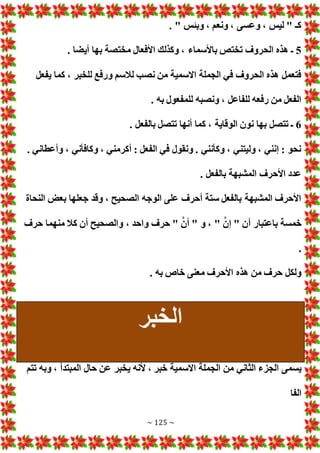 ~ 125 ~
. " ‫وبئس‬ ، ‫ونعم‬ ، ‫وعسى‬ ، ‫ليس‬ " ‫كـ‬
5
‫وكذلك‬ ، ‫باألسماء‬ ‫تختص‬ ‫الحروف‬ ‫هذه‬ ‫ـ‬
. ‫أيضا‬ ‫بها‬ ‫مختصة‬ ‫األفعال‬
‫يفعل‬ ‫كما‬ ، ‫للخبر‬ ‫ورفع‬ ‫لالسم‬ ‫نصب‬ ‫من‬ ‫االسمية‬ ‫الجملة‬ ‫في‬ ‫الحروف‬ ‫هذه‬ ‫فتعمل‬
. ‫به‬ ‫للمفعول‬ ‫ونصبه‬ ، ‫للفاعل‬ ‫رفعه‬ ‫من‬ ‫الفعل‬
6
. ‫بالفعل‬ ‫تتصل‬ ‫أنها‬ ‫كما‬ ، ‫الوقاية‬ ‫نون‬ ‫بها‬ ‫تتصل‬ ‫ـ‬
‫وأ‬ ، ‫وكافأني‬ ، ‫أكرمني‬ : ‫الفعل‬ ‫في‬ ‫ونقول‬ . ‫وكأنني‬ ، ‫وليتني‬ ، ‫إنني‬ : ‫نحو‬
. ‫عطاني‬
. ‫بالفعل‬ ‫المشبهة‬ ‫األحرف‬ ‫عدد‬
‫النحاة‬ ‫بع‬ ‫جعلها‬ ‫وقد‬ ، ‫الصحيح‬ ‫الوجه‬ ‫على‬ ‫أحرف‬ ‫ستة‬ ‫بالفعل‬ ‫المشبهة‬ ‫األحرف‬
‫حرف‬ ‫منهما‬ ‫كال‬ ‫أن‬ ‫والصحيح‬ ، ‫واحد‬ ‫حرف‬ " َّ‫أن‬ " ‫و‬ ، " َّ‫إن‬ " ‫أن‬ ‫باعتبار‬ ‫خمسة‬
.
. ‫به‬ ‫خاص‬ ‫معنى‬ ‫األحرف‬ ‫هذه‬ ‫من‬ ‫حرف‬ ‫ولكل‬
‫الخبر‬
‫من‬ ‫الثاني‬ ‫الجزء‬ ‫يسمى‬
‫تتم‬ ‫وبه‬ ، ‫المبتدأ‬ ‫حال‬ ‫عن‬ ‫يخبر‬ ‫ألنه‬ ، ‫خبر‬ ‫االسمية‬ ‫الجملة‬
‫الفا‬
 