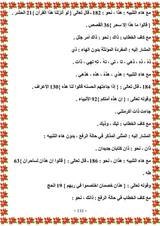 ~ 132 ~
: ‫نحو‬ ، ‫هذا‬ : ‫التنبيه‬ ‫هاء‬ ‫مع‬
182
‫قال‬ ‫ـ‬
} ‫القرآن‬ ‫هذا‬ ‫أنزلنا‬ ‫لو‬ { ‫تعالى‬
21
. ‫الحشر‬
} ‫سحر‬ ‫إال‬ ‫هذا‬ ‫ما‬ ‫قالوا‬ {
36
. ‫القصص‬
. ‫جلل‬ ‫أمر‬ ‫ذاك‬ : ‫نحو‬ : ‫ذاك‬ : ‫الخطاب‬ ‫كاف‬ ‫مع‬
‫ذي‬ : ‫الهاء‬ ‫بدون‬ ‫المؤنثة‬ ‫المفردة‬ : ‫إليه‬ ‫المشار‬
. ‫ذا‬ ، ‫تهي‬ ‫ته‬ ، ْ‫ه‬‫ت‬ ، ‫تي‬ ، ‫تا‬ ، ‫ذهي‬ ، ‫ذه‬ ، ْ‫ه‬‫ذ‬
‫هذهي‬ ، ‫هذه‬ ، ْ‫ه‬‫هذ‬ ، ‫هذي‬ : ‫التنبيه‬ ‫هاء‬ ‫مع‬
.
184
} ‫هذه‬ ‫لنا‬ ‫قالوا‬ ‫الحسنه‬ ‫جاءتهم‬ ‫إذا‬ { : ‫تعالى‬ ‫قال‬ ‫ـ‬
130
. ‫األعراف‬
} ‫أمتكم‬ ‫هذه‬ ‫إن‬ { : ‫تعالى‬ ‫وقوله‬
92
. ‫األنبياء‬
. ‫أكرمتني‬ ‫ذا‬ ‫جاء‬
. ‫وذيك‬ ، ‫تيك‬ : ‫الخطاب‬ ‫كاف‬ ‫مع‬
: ‫التنبيه‬ ‫هاء‬ ‫بدون‬ ، ‫الرفع‬ ‫حالة‬ ‫في‬ ‫المذكر‬ ‫المثنى‬ : ‫إليه‬ ‫المشار‬
. ‫جديدان‬ ‫كتابان‬ ‫ذان‬ : ‫نحو‬ ، ‫ذان‬
: ‫نحو‬ ، ‫هذان‬ : ‫التنبيه‬ ‫هاء‬ ‫مع‬
186
} ‫لساحران‬ ‫هذان‬ ‫إن‬ ‫قالوا‬ { : ‫تعالى‬ ‫قال‬ ‫ـ‬
63
. ‫طه‬
} ‫ربهم‬ ‫في‬ ‫اختصموا‬ ‫خصمان‬ ‫هذان‬ { : ‫تعالى‬ ‫وقوله‬
19
‫الحج‬
: ‫نحو‬ ، ‫ذانك‬ : ‫الرفع‬ ‫حالة‬ ‫في‬ ‫الخطاب‬ ‫كاف‬ ‫مع‬
 
