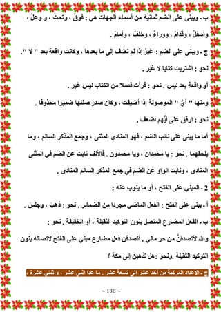 ~ 138 ~
، ُ‫ل‬‫وع‬ ‫و‬ ، ُ‫وتحت‬ ، ُ‫ق‬‫فو‬ : ‫هي‬ ‫الجها‬ ‫أسماء‬ ‫من‬ ‫ثمانية‬ ‫الضم‬ ‫على‬ ‫ويبنى‬ ‫ـ‬ ‫ب‬
‫وقد‬ ، ُ‫ل‬‫وأسف‬
. ُ‫م‬‫وأما‬ ، ُ‫وخلف‬ ، ُ‫ء‬‫وورا‬ ، ُ‫م‬‫ا‬
." ‫ال‬ " ‫بعد‬ ‫واقعة‬ ‫وكانت‬ ، ‫بعدها‬ ‫ما‬ ‫إلى‬ ‫تضف‬ ‫لم‬ ‫إذا‬ ُ‫ر‬‫غي‬ : ‫الضم‬ ‫على‬ ‫ويبنى‬ ‫ـ‬ ‫ج‬
. ‫غير‬ ‫ال‬ ‫كتابا‬ ‫اشتريت‬ : ‫نحو‬
. ‫غير‬ ‫ليس‬ ‫الكتاب‬ ‫من‬ ‫فصال‬ ‫قرأ‬ : ‫نحو‬ . ‫ليس‬ ‫بعد‬ ‫واقعة‬ ‫أو‬
. ‫محذوفا‬ ‫ضميرا‬ ‫صلتها‬ ‫صدر‬ ‫وكان‬ ، ‫أضيفت‬ ‫إذا‬ ‫الموصولة‬ " ُّ‫أي‬ " ‫ومنها‬
. ‫أضعف‬ ‫ُّهم‬‫ي‬‫أ‬ ‫على‬ ‫ارفق‬ : ‫نحو‬
‫وما‬ ، ‫السالم‬ ‫المذكر‬ ‫وجمع‬ ، ‫المثنى‬ ‫المنادى‬ ‫فهو‬ ، ‫الضم‬ ‫نائب‬ ‫على‬ ‫يبنى‬ ‫ما‬ ‫أما‬
‫المثنى‬ ‫في‬ ‫الضم‬ ‫عن‬ ‫نابت‬ ‫فاأللف‬ . ‫محمدون‬ ‫ويا‬ ، ‫محمدان‬ ‫يا‬ : ‫نحو‬ . ‫يلحقهما‬
. ‫المنادى‬ ‫السالم‬ ‫المذكر‬ ‫جمع‬ ‫في‬ ‫الضم‬ ‫عن‬ ‫الواو‬ ‫ونابت‬ ، ‫المنادى‬
2
‫الفتح‬ ‫على‬ ‫المبني‬ ‫ـ‬
: ‫عنه‬ ‫ينوب‬ ‫ما‬ ‫أو‬ ،
. َ
‫وجلس‬ ، َ‫ذهب‬ : ‫نحو‬ . ‫الضمائر‬ ‫من‬ ‫مجردا‬ ‫الماضي‬ ‫الفعل‬ : ‫الفتح‬ ‫على‬ ‫يبنى‬ ‫ـ‬ ‫أ‬
: ‫نحو‬ . ‫الخفيفة‬ ‫أو‬ ، ‫الثقيلة‬ ‫التوكيد‬ ‫بنون‬ ‫المتصل‬ ‫المضارع‬ ‫الفعل‬ ‫ـ‬ ‫ب‬
‫بنون‬ ‫التصاله‬ ‫الفتح‬ ‫على‬ ‫مبني‬ ‫مضارع‬ ‫فعل‬ ‫أتصدقن‬ . ‫مالي‬ ‫حر‬ ‫من‬ َّ‫ألتصدقن‬ ‫وهللا‬
‫ونحو‬. ‫الثقيلة‬ ‫التوكيد‬
‫؟‬ ‫مكة‬ ‫إلى‬ َ‫تذهبن‬ ‫هل‬:
، ‫عشرة‬ ‫واثنتي‬ ، ‫عشر‬ ‫اثني‬ ‫عدا‬ ‫ما‬ . ‫عشر‬ ‫تسعة‬ ‫إلى‬ ‫عشر‬ ‫أحد‬ ‫من‬ ‫المركبة‬ ‫األعداد‬ ‫ـ‬ ‫ج‬
 