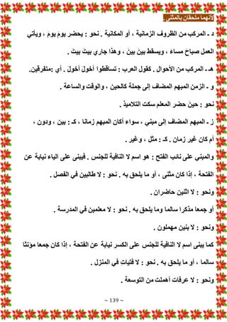 ~ 139 ~
. ‫بالمثنى‬ ‫ملحقان‬ ‫ألنهما‬
‫ويأتي‬ ، َ‫م‬‫يو‬ َ‫م‬‫يو‬ ‫يحضر‬ : ‫نحو‬ . ‫المكانية‬ ‫أو‬ ، ‫الزمانية‬ ‫الظروف‬ ‫من‬ ‫المركب‬ ‫ـ‬ ‫د‬
َ‫بيت‬ َ‫بيت‬ ‫جاري‬ ‫وهذا‬ ، َ‫بين‬ َ‫بين‬ ‫ويسقط‬ ، َ‫ء‬‫مسا‬ َ‫ح‬‫صبا‬ ‫العمل‬
.
.‫متفرقين‬: ‫أي‬ . َ‫ل‬‫أخو‬ َ‫ل‬‫أخو‬ ‫تساقطوا‬ : ‫العرب‬ ‫كقول‬ . ‫األحوال‬ ‫من‬ ‫المركب‬ ‫ـ‬ ‫هـ‬
. ‫والساعة‬ ‫والوقت‬ ، ‫كالحين‬ ‫جملة‬ ‫إلى‬ ‫المضاف‬ ‫المبهم‬ ‫الزمن‬ ‫ـ‬ ‫و‬
. ‫التالميذ‬ ‫سكت‬ ‫المعلم‬ ‫حضر‬ َ‫حين‬ : ‫نحو‬
، ‫ودون‬ ، ‫بين‬ : ‫كـ‬ ، ‫زمانا‬ ‫المبهم‬ ‫أكان‬ ‫سواء‬ ، ‫مبني‬ ‫إلى‬ ‫المضاف‬ ‫المبهم‬ ‫ـ‬ ‫ز‬
‫غير‬ ‫كان‬ ‫أم‬
. ‫وغير‬ ، ‫مثل‬ : ‫كـ‬ . ‫زمان‬
‫عن‬ ‫نيابة‬ ‫الياء‬ ‫على‬ ‫فيبنى‬ . ‫للجنس‬ ‫النافية‬ ‫ال‬ ‫اسم‬ ‫هو‬ : ‫الفتح‬ ‫نائب‬ ‫على‬ ‫والمبني‬
. ‫الفصل‬ ‫في‬ ‫طالبين‬ ‫ال‬ : ‫نحو‬ . ‫به‬ ‫يلحق‬ ‫ما‬ ‫أو‬ ، ‫مثنى‬ ‫كان‬ ‫إذا‬ ، ‫الفتحة‬
. ‫حاضران‬ ‫اثنين‬ ‫ال‬ : ‫ونحو‬
. ‫المدرسة‬ ‫في‬ ‫معلمين‬ ‫ال‬ : ‫نحو‬ . ‫به‬ ‫يلحق‬ ‫وما‬ ‫سالما‬ ‫مذكرا‬ ‫جمعا‬ ‫أو‬
. ‫مهملون‬ ‫بنين‬ ‫ال‬ : ‫ونحو‬
‫مؤنثا‬ ‫جمعا‬ ‫كان‬ ‫إذا‬ ، ‫الفتحة‬ ‫عن‬ ‫نيابة‬ ‫الكسر‬ ‫على‬ ‫للجنس‬ ‫النافية‬ ‫ال‬ ‫اسم‬ ‫يبنى‬ ‫كما‬
. ‫المنزل‬ ‫في‬ ‫فتيا‬ ‫ال‬ : ‫نحو‬ . ‫به‬ ‫يلحق‬ ‫ما‬ ‫أو‬ ، ‫سالما‬
. ‫التوسعة‬ ‫من‬ ‫أهملت‬ ‫عرفا‬ ‫ال‬ : ‫ونحو‬
 