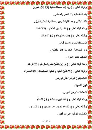 ~ 168 ~
‫تعال‬ ‫وقوله‬
} ‫مناديا‬ ‫سمعنا‬ ‫إننا‬ ‫ربنا‬ { : ‫ى‬
193
. ‫عمران‬ ‫آل‬
. ‫بالماضي‬ ‫تتصل‬ ‫ال‬ : ‫المخاطبة‬ ‫ياء‬
. ‫الفوز‬ ‫على‬ ‫كوفئا‬ ‫هما‬ . ‫الدرس‬ ‫كتبا‬ ‫هما‬ : ‫االثنين‬ ‫ألف‬
} ‫الطعام‬ ‫يأكالن‬ ‫كانا‬ { : ‫تعالى‬ ‫قوله‬ ‫ومنه‬
78
. ‫المائدة‬
} ‫شركاء‬ ‫له‬ ‫جعال‬ { : ‫تعالى‬ ‫وقوله‬
89
. ‫األعراف‬
‫متفوقين‬ ‫زاال‬ ‫ما‬ ‫المتسابقان‬
.
. ‫يقظين‬ ‫كانوا‬ ‫الحراس‬ : ‫الجماعة‬ ‫واو‬
. ‫الفوز‬ ‫حققوا‬ ‫الطالب‬
} ‫مكرهم‬ ‫كفروا‬ ‫للذين‬ ‫زين‬ ‫بل‬ { : ‫تعالى‬ ‫قوله‬ ‫ومنه‬
23
. ‫الرعد‬
} ‫الصالحا‬ ‫وعملوا‬ ‫آمنوا‬ ‫الذين‬ ‫إال‬ { : ‫تعالى‬ ‫وقوله‬
89
. ‫الشعراء‬
. ‫فوزهم‬ ‫على‬ ‫كوفئوا‬ ‫المتسابقون‬
: ‫النسوة‬ ‫نون‬
.‫الدرس‬ ‫شرحن‬ ‫المعلما‬
‫تع‬ ‫قوله‬ ‫ومنه‬
} ‫بفاحشة‬ ‫أتين‬ ‫فإذا‬ { : ‫الى‬
25
‫النساء‬
} ‫اكتسبن‬ ‫مما‬ ‫نصيب‬ ‫وللنساء‬ { : ‫تعالى‬ ‫وقوله‬
32
. ‫النساء‬
. ‫تفوقهن‬ ‫على‬ ‫كوفئن‬ ‫الطالبا‬
 