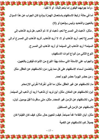 ~ 17 ~
‫جواب‬ ‫وأما‬ ،
،ً‫ا‬‫نفي‬ ‫ال‬ ‫أو‬ ،ً‫ا‬‫إثبات‬ ‫بنعم‬ ‫إما‬ ‫فيكون‬ ‫هما‬
‫السؤال‬ ‫هذا‬ ‫عن‬ ‫الجواب‬ ‫كان‬ )‫بـ(أم‬ ‫الهمزة‬ ‫باستعمال‬ ‫االستفهام‬ ‫ارتبط‬ ‫حالة‬ ‫في‬ ‫أما‬
)‫(ال‬ ‫أو‬ )‫بـ(نعم‬ ‫وليس‬ ‫والتحديد‬ ‫بالتعيين‬
‫إلى‬ ‫الذهاب‬ ‫تريد‬ ‫هل‬ .‫أذهب‬ ‫لم‬ ،‫ال‬ ‫أو‬ ‫ذهبت‬ ،‫نعم‬ ‫المسرح؟‬ ‫إلى‬ ‫أذهبت‬ :‫مثال‬ .
‫أو‬ ‫الذهاب‬ ‫أريد‬ ،‫نعم‬ ‫المسرح؟‬
‫إلى‬ ‫أم‬ ‫المسرح‬ ‫إلى‬ ‫الذهاب‬ ‫أتريد‬ .‫الذهاب‬ ‫أريد‬ ‫ال‬ ،‫ال‬
.‫المسرح‬ ‫إلى‬ ‫الذهاب‬ ‫أريد‬ ‫أو‬ ‫السينما‬ ‫إلى‬ ‫الذهاب‬ ‫أريد‬ ‫السينما؟‬
،‫االستفهام‬ ‫أدوا‬ ‫أنواع‬ ‫من‬ ‫الثاني‬ ‫النوع‬
،‫بالتعيين‬ ‫فيكون‬ ‫األدوا‬ ‫من‬ ‫النوع‬ ‫بهذا‬ ‫سئلت‬ ‫التي‬ ‫األسئلة‬ ‫على‬ ‫والجواب‬
‫يلي‬ ‫مما‬ ‫كل‬ ‫على‬ ‫االستفهام‬ ‫أسماء‬ ‫وتتضمن‬
‫مثال‬ .‫العاقل‬ ‫عن‬ ‫لالستفهام‬ :‫ن‬َ‫م‬ :
.‫أحمد‬ ‫اليوم‬ ‫حضر‬ ‫اليوم؟‬ ‫حضر‬ ‫من‬ :
.‫االزدحام‬ ‫رني‬َّ‫أخ‬ ‫رك؟‬َّ‫أخ‬ ‫الذي‬ ‫ما‬ :‫مثال‬ .‫العاقل‬ ‫غير‬ ‫عن‬ ‫لالستفهام‬ :‫ما‬
.‫السينما‬ ‫إلى‬ ‫أذهب‬ ‫أن‬ ‫أريد‬ ‫تذهب؟‬ ‫أن‬ ‫تريد‬ ‫أين‬ :‫مثال‬ .‫المكان‬ ‫عن‬ ‫لالستفهام‬ :‫أين‬
‫متى‬ :‫مثال‬ .‫المحدد‬ ‫غير‬ ‫الزمن‬ ‫عن‬ ‫لالستفهام‬ :‫متى‬
:‫أيان‬ .‫يومين‬ ‫قبل‬ ‫؟‬ ‫سافر‬
.‫المستقبل‬ ‫في‬ ‫الزمن‬ ‫عن‬ ‫لالستفهام‬
‫كان‬ ‫الفيلم؟‬ ‫كان‬ ‫كيف‬ :‫مثال‬ .‫حال‬ ‫لتعيين‬ :‫كيف‬ .ً‫ا‬‫صباح‬ ً‫ا‬‫غد‬ ‫اللقاء؟‬ ‫أيان‬ :‫مثال‬
‫الكمية‬ ‫عن‬ ‫لالستفهام‬ :‫كم‬ .ً‫ال‬‫جمي‬
 