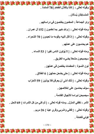 ~ 170 ~
} ‫الطعام‬ ‫يأكالن‬ ‫كانا‬ { : ‫تعالى‬ ‫وقوله‬
78
. ‫المائدة‬
. ‫ُسأالن‬‫ي‬ ‫المتسابقان‬
: ‫الجماعة‬ ‫واو‬
. ‫دراساتهم‬ ‫في‬ ‫يخلصون‬ ‫المعلمون‬
} ‫تعلمون‬ ‫بما‬ ‫خبير‬ ‫وهللا‬ { : ‫تعالى‬ ‫قوله‬ ‫ومنه‬
152
. ‫عمران‬ ‫آل‬
} ‫تعبدون‬ ‫ما‬ ‫وقومه‬ ‫ألبيه‬ ‫قال‬ ‫إذ‬ { : ‫تعالى‬ ‫وقوله‬
70
. ‫الشعراء‬
. ‫عملهم‬ ‫على‬ ‫يحاسبون‬ ‫هم‬
} ‫نقيرا‬ ‫الناس‬ ‫ُؤتون‬‫ي‬ ‫ال‬ { : ‫تعالى‬ ‫قوله‬ ‫ومنه‬
53
. ‫النساء‬
. ‫الطريق‬ ‫يضيء‬ ‫مشعال‬ ‫سيصبحون‬
. ‫عملهن‬ ‫في‬ ‫يخلصن‬ ‫المعلما‬ : ‫النسوة‬ ‫نون‬
} ‫حملهن‬ ‫يضعن‬ ‫حتى‬ { : ‫تعالى‬ ‫قوله‬ ‫ومنه‬
6
. ‫الطالق‬
} ‫يؤذين‬ ‫فال‬ ‫يعرفن‬ ‫أن‬ ‫أدنى‬ ‫ذلك‬ { : ‫تعالى‬ ‫وقوله‬
59
‫األحزاب‬
. ‫إخالصهن‬ ‫على‬ ‫يحاسبن‬ ‫سوف‬
. ‫القادمة‬ ‫لألجيال‬ ‫نبراسا‬ ‫سيصبحن‬
‫كل‬ ‫من‬ ‫كلي‬ ‫ثم‬ { : ‫تعالى‬ ‫قوله‬ ‫ومنه‬ . ‫المنزل‬ ‫نظفي‬ : ‫األمر‬
} ‫الثمرا‬
69
. ‫النحل‬
} ‫عينا‬ ‫وقري‬ ‫واشربي‬ ‫فكلي‬ { : ‫تعالى‬ ‫وقوله‬
26
. ‫مريم‬
. ‫فاضلة‬ ‫كوني‬
 