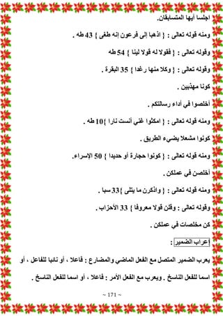 ~ 171 ~
.‫المتسابقان‬ ‫أيها‬ ‫اجلسا‬
} ‫طغى‬ ‫إنه‬ ‫فرعون‬ ‫إلى‬ ‫اذهبا‬ { : ‫تعالى‬ ‫قوله‬ ‫ومنه‬
43
. ‫طه‬
} ‫لينا‬ ‫قوال‬ ‫له‬ ‫فقوال‬ { : ‫تعالى‬ ‫وقوله‬
54
‫طه‬
} ‫رغدا‬ ‫منها‬ ‫وكال‬ { : ‫تعالى‬ ‫وقوله‬
35
. ‫البقرة‬
‫م‬ ‫كونا‬
. ‫هذبين‬
. ‫رسالتكم‬ ‫أداء‬ ‫في‬ ‫أخلصوا‬
} ‫نارا‬ ‫أنست‬ ‫غني‬ ‫امكثوا‬ { : ‫تعالى‬ ‫قوله‬ ‫ومنه‬
10
. ‫طه‬
. ‫الطريق‬ ‫يضيء‬ ‫مشعال‬ ‫كونوا‬
} ‫حديدا‬ ‫أو‬ ‫حجارة‬ ‫كونوا‬ { : ‫تعالى‬ ‫قوله‬ ‫ومنه‬
50
.‫اإلسراء‬
. ‫عملكن‬ ‫في‬ ‫أخلصن‬
} ‫يتلى‬ ‫ما‬ ‫واذكرن‬ { : ‫تعالى‬ ‫قوله‬ ‫ومنه‬
33
. ‫سبا‬
‫معروفا‬ ‫قوال‬ ‫وقلن‬ : ‫تعالى‬ ‫وقوله‬
}
33
. ‫األحزاب‬
. ‫عملكن‬ ‫في‬ ‫مخلصا‬ ‫كن‬
‫إعراب‬
‫الضمير‬
:
‫أو‬ ، ‫للفاعل‬ ‫نائبا‬ ‫أو‬ ، ‫فاعال‬ : ‫والمضارع‬ ‫الماضي‬ ‫الفعل‬ ‫مع‬ ‫المتصل‬ ‫الضمير‬ ‫يعرب‬
. ‫الناسخ‬ ‫للفعل‬ ‫اسما‬ ‫أو‬ ، ‫فاعال‬ : ‫األمر‬ ‫الفعل‬ ‫مع‬ ‫ويعرب‬ . ‫الناسخ‬ ‫للفعل‬ ‫اسما‬
 