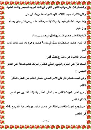 ~ 22 ~
،‫العامية‬ ‫واللغة‬ ‫الفصحى‬ ‫العربية‬ ‫اللغة‬ ‫في‬ ‫اللغوي‬ ‫التطور‬ ‫جوانب‬ ‫على‬ ّ‫ل‬‫تد‬ ‫والضمائر‬
.‫آخر‬ ‫الى‬ ‫بلد‬ ‫من‬ ‫وتعددها‬ ‫اللهجا‬ ‫اختالف‬ ‫بسبب‬ ‫انتشر‬ ‫والتي‬
‫وصفه‬ ‫أي‬ ‫الشيء‬ ‫عن‬ ‫كني‬ ‫ما‬ ‫ومعناها‬ ، ‫الكنايا‬ ‫باسم‬ ً‫ا‬‫قديم‬ ‫الضمائر‬ ‫عرفت‬ ‫ولقد‬
.‫عليه‬ ّ‫ل‬‫ود‬
‫و‬ ‫م‬ّ‫ل‬‫المتك‬ ‫ضمائر‬ ‫الضمائر‬ ‫أنواع‬
:‫هما‬ ‫ضميرين‬ ‫في‬ ‫تتمثل‬
،‫أنتن‬ ،‫أنتما‬ ،‫أنت‬ ،‫أنا‬ :‫وهي‬ ‫ضمائر‬ ‫خمسة‬ ‫في‬ ‫ل‬ّ‫وتتمث‬ ،‫المخاطب‬ ‫ضمائر‬ .‫نحن‬ ،‫أنا‬
.‫أنتم‬
:‫فهي‬ ‫حديثنا‬ ‫موضوع‬ ‫وهي‬ ‫الغائب‬ ‫ضمائر‬
‫الفاعل‬ ‫على‬ ‫للداللة‬ ‫الغائب‬ ‫والمؤنث‬ ‫ر‬ّ‫ك‬‫المذ‬ ‫ى‬ّ‫ن‬‫والمث‬ ‫والجمع‬ ‫المفرد‬ ‫على‬ ّ‫ل‬‫تد‬ ‫أسماء‬
،‫المخفي‬

‫االسم‬ ‫على‬ ‫تدل‬ ‫ضمائر‬ ‫خمسة‬ ‫وهي‬
‫المذكر‬ ‫للمفرد‬ :‫هو‬ ‫الغائب‬ ‫ضمائر‬ .‫المخفي‬
‫الغائب‬
‫للجمع‬ :‫هم‬ .‫الغائبان‬ ‫والمؤنث‬ ‫المذكر‬ ‫ى‬ّ‫ن‬‫للمث‬ :‫هما‬ .‫الغائب‬ ‫المؤنث‬ ‫للمفرد‬ :‫هي‬ .
.‫الغائب‬ ‫المذكر‬
‫رفاقه‬ ‫مع‬ ‫القدم‬ ‫كرة‬ ‫يلعب‬ ‫هو‬ ‫الغائب‬ ‫ضمائر‬ ‫على‬ ‫أمثلة‬ . ‫الغائبا‬ ‫المؤنث‬ ‫للجمع‬ :‫هن‬
.‫الملعب‬ ‫في‬
 