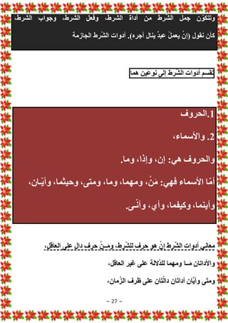 ~ 27 ~
،‫الشرط‬ ‫وجواب‬ ،‫الشرط‬ ‫وفعل‬ ،‫الشرط‬ ‫أداة‬ ‫من‬ ‫رط‬ّ‫ش‬‫ال‬ ‫جمل‬ ‫ن‬ ّ‫وتتكو‬
‫ك‬
‫الجازمة‬ ‫رط‬ّ‫ش‬‫ال‬ ‫أدوا‬ .)‫أجره‬ ‫ينال‬ ٌ‫د‬‫عب‬ ْ‫ل‬‫يعم‬ ْ‫(إن‬ ‫نقول‬ ‫أن‬
‫تقسم‬
‫أدوا‬
‫رط‬ّ‫ش‬‫ال‬
‫إلى‬
‫َين‬‫ع‬‫نو‬
‫هما‬
1
.
‫الحروف‬
2
.
،‫واألسماء‬
.‫وما‬ ،‫وإذا‬ ،‫إن‬ :‫هي‬ ‫والحروف‬
،‫ّـان‬‫ي‬‫وأ‬ ،‫وحيثما‬ ،‫ومتى‬ ،‫وما‬ ،‫ومهما‬ ،ْ‫ن‬َ‫م‬ :‫فهي‬ ‫األسماء‬ ‫ا‬ّ‫م‬‫أ‬
.‫ـى‬ّ‫ن‬‫وأ‬ ،‫وأي‬ ،‫وكيفما‬ ،‫وأينما‬
ْ‫ن‬‫إ‬ ‫رط‬ّ‫ش‬‫ال‬ ‫أدوا‬ ‫معاني‬
،‫العاقل‬ ‫على‬ ‫دال‬ ‫حرف‬ ْ‫ــن‬َ‫م‬‫و‬ ،‫رط‬ّ‫ش‬‫لل‬ ‫حرف‬ ‫هو‬
،‫العاقل‬ ‫غير‬ ‫على‬ ‫اللة‬ّ‫د‬‫لل‬ ‫ومهما‬ ‫ــا‬َ‫م‬ ‫واألداتان‬
،‫مان‬ّ‫الز‬ ‫ظرف‬ ‫على‬ ‫ان‬َ‫ت‬ّ‫ل‬‫دا‬ ‫ان‬َ‫ت‬‫أدا‬ ‫َّان‬‫ي‬‫وأ‬ ‫ى‬َ‫ت‬‫وم‬
 