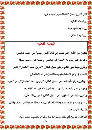 ~ 30 ~
:‫وهي‬ ‫رئيسية‬ ‫أقسام‬ ‫ثالثة‬ ‫ضمن‬ ‫تندرج‬ ‫التي‬
1
.
،‫الفعلية‬ ‫الجملة‬
2
.
،‫االسمية‬ ‫والجملة‬
3
.
.‫الجملة‬ ‫وشبه‬
‫الفعلية‬ ‫الجملة‬
‫من‬ ‫ن‬ ّ‫تتكو‬
‫الماضي؛‬ ‫الفعل‬ :‫هي‬ ‫رئيسية‬ ‫أفعال‬ ‫ثالثة‬ ‫إلى‬ ‫تنقسم‬ ‫التي‬ ‫األفعال‬
،‫سابقة‬ ‫زمنية‬ ‫فترة‬ ‫ضمن‬ ‫أي‬ ‫الماضي‬ ‫في‬ ‫اإلنسان‬ ‫به‬ ‫يقوم‬ ‫عمل‬ ‫كل‬ ‫وهو‬
‫الفعل‬ ."‫االمتحان‬ ‫أحمد‬ َ
‫درس‬ " :‫المثال‬ ‫سبيل‬ ‫وعلى‬ ،‫الفتح‬ ‫على‬ ً‫ا‬ّ‫ي‬‫مبن‬ ‫ويكون‬
‫الحالي‬ ‫الوقت‬ ‫في‬ ‫اإلنسان‬ ‫به‬ ‫يقوم‬ ‫عمل‬ ‫كل‬ ‫وهو‬ :‫المضارع‬
‫م‬ ‫ويكون‬ ،
:‫األمر‬ ‫فعل‬ ."‫االمتحان‬ ‫أحمد‬ ُ‫"يدرس‬ :‫المثال‬ ‫سبيل‬ ‫على‬ ،‫بالضم‬ ً‫ا‬‫رفوع‬
،‫به‬ ‫للقيام‬ ‫أحد‬ ‫من‬ ‫يتلقاه‬ ‫أمر‬ ‫نتيجة‬ ‫اإلنسان‬ ‫به‬ ‫يقوم‬ ‫عمل‬ ‫كل‬ ‫وهو‬
"‫االمتحان‬ ‫"ادرس‬ :‫المثال‬ ‫سبيل‬ ‫على‬ ،‫السكون‬ ‫على‬ ً‫ا‬ّ‫ي‬‫مبن‬ ‫ويكون‬
ّ‫م‬‫تض‬ ‫التي‬ ‫الفعلية‬ ‫الجملة‬ ‫مع‬ ‫يأتي‬ ‫الفعلية‬ ‫الجملة‬ ‫مع‬ ‫توافرها‬ ‫يجب‬ ‫أمور‬ .
‫األفعال‬
:‫هما‬ ‫أمرين‬ ‫السابقة‬
:‫به‬ ‫والمفعول‬ ،‫بالضم‬ ً‫ا‬‫مرفوع‬ ً‫ا‬‫دائم‬ ‫ويكون‬ ‫بالفعل‬ ‫قام‬ ‫من‬ ‫وهو‬ ‫الفاعل؛‬
 