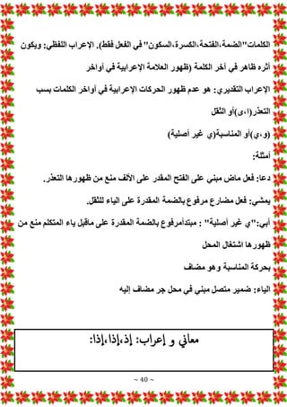 ~ 40 ~
.)‫فقط‬ ‫الفعل‬ ‫في‬"‫السكون‬،‫الكسرة‬،‫الفتحة‬،‫"الضمة‬ ‫الكلما‬
‫ويكون‬ :‫اللفظي‬ ‫اإلعراب‬
‫آواخر‬ ‫في‬ ‫اإلعرابية‬ ‫العالمة‬ ‫(ظهور‬ ‫الكلمة‬ ‫آخر‬ ‫في‬ ‫ظاهر‬ ‫أثره‬
‫بسب‬ ‫الكلما‬ ‫آواخر‬ ‫في‬ ‫اإلعرابية‬ ‫الحركا‬ ‫ظهور‬ ‫عدم‬ ‫هو‬ :‫التقديري‬ ‫اإلعراب‬
‫الثقل‬ ‫ى)أو‬،‫التعذر(ا‬
)‫أصلية‬ ‫غير‬ ‫المناسبة(ي‬ ‫ي)أو‬،‫(و‬
:‫أمثلة‬
‫من‬ ‫منع‬ ‫األلف‬ ‫على‬ ‫المقدر‬ ‫الفتح‬ ‫على‬ ‫مبني‬ ‫ماض‬ ‫فعل‬ :‫دعا‬
.‫التعذر‬ ‫ظهورها‬
.‫للثقل‬ ‫الياء‬ ‫على‬ ‫المقدرة‬ ‫بالضمة‬ ‫مرفوع‬ ‫مضارع‬ ‫فعل‬ :‫يمشي‬
‫من‬ ‫منع‬ ‫المتكلم‬ ‫ياء‬ ‫ماقبل‬ ‫على‬ ‫المقدرة‬ ‫بالضمة‬ ‫مبتدأمرفوع‬ : "‫أصلية‬ ‫غير‬ ‫"ي‬:‫أبي‬
‫المحل‬ ‫اشتغال‬ ‫ظهورها‬
‫مضاف‬ ‫وهو‬ ‫المناسبة‬ ‫بحركة‬
‫ضم‬ :‫الياء‬
‫إلي‬ ‫مضاف‬ ‫جر‬ ‫محل‬ ‫في‬ ‫مبني‬ ‫متصل‬ ‫ير‬
‫ه‬
‫ذ‬‫إ‬‫ا‬،‫ذا‬‫إ‬‫ا‬،‫ذ‬‫إ‬‫ا‬ :‫اب‬‫ر‬‫ع‬‫إ‬‫ا‬ ‫و‬ ‫معاين‬
:‫ا‬
 