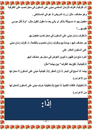 ~ 41 ~
‫الظرفية‬ ‫على‬ ‫نصب‬ ‫محل‬ ‫في‬ ‫السكون‬ ‫على‬ ‫مبني‬ ‫الماضي‬ ‫للزمان‬ ‫ظرف‬ :‫ظرفية‬ :‫إذ‬
. ‫المستشفى‬ ‫في‬ ‫هو‬ ‫إذ‬ ‫المري‬ ‫زر‬ :‫مثل‬ ،‫مضاف‬ ‫وهو‬
‫موسى‬ ‫قال‬ ‫"وإذ‬ :‫مثل‬ ‫القول‬ ‫مقول‬ ‫ما‬ ‫بعد‬ ‫يأتي‬ ‫أو‬ ‫بأذكر‬ ‫مسبوقة‬ ‫إد‬ :‫به‬ ‫مفعول‬
"....‫لقومه‬
.‫به‬ ‫مفعول‬ ‫نصب‬ ‫محل‬ ‫في‬ ‫السكون‬ ‫على‬ ‫مبني‬ ‫زمان‬ ‫ظرف‬:‫إذ‬
‫مضاف‬ ‫جر‬
‫مبني‬ ‫زمان‬ ‫ظرف‬ :‫ذ‬ .‫بالفتحة‬ ‫منصوب‬ ‫زمان‬ ‫ظرف‬:‫يوم‬:‫يومئذ‬ : ‫إليه‬
‫على‬ ‫المقدر‬ ‫السكون‬ ‫على‬
.‫إليه‬ ‫مضاف‬ ‫جر‬ ‫محل‬ ‫في‬ ‫العوض‬ ‫تنوين‬ ‫ظهوره‬ ‫من‬ ‫منع‬ ‫آخره‬
:‫بينما"مثل‬،‫بين‬ "‫الظرف‬ ‫بعد‬ ‫تقع‬ :‫فجائية‬:‫إذ‬
‫لها‬ ‫محل‬ ‫ال‬ ‫السكون‬ ‫على‬ ‫مبني‬ ‫فجائية‬ :‫(إذ‬ ‫المطر‬ ‫نزل‬ ‫إذ‬ ‫البحر‬ ‫في‬ ‫أسبح‬ ‫أنا‬ ‫بينما‬
‫اإلعر‬ ‫من‬
).‫اب‬
‫لها‬ ‫المحل‬ ‫السكون‬ ‫على‬ ‫مبني‬ ‫حرف‬ ‫تعليلية‬:‫(إذ‬ ‫نجح‬ ‫إذ‬ ‫التلميذ‬ ‫كافأ‬ :‫تعليلية‬:‫إذا‬
).‫اإلعراب‬ ‫من‬
:‫إذا‬
 