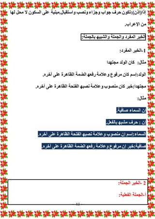 ~ 43 ~
‫لها‬ ‫محل‬ ‫ال‬ ‫السكون‬ ‫على‬ ‫مبنية‬.‫واستقبال‬ ‫ونصب‬ ‫وجزاء‬ ‫جواب‬ ‫حرف‬ ‫تكون‬:)‫إذا(إذن‬
.‫اإلعراب‬ ‫من‬
‫الخبر‬
‫المفرد‬
‫والجملة‬
‫والشبيه‬
:‫بالجملة‬
1
-
:‫المفرد‬ ‫الخبر‬
:‫مثال‬
‫مجتهدا‬ ‫الولد‬ ‫كان‬
‫على‬ ‫الظاهرة‬ ‫الضمة‬ ‫رفعه‬ ‫وعالمة‬ ‫مرفوع‬ ‫كان‬ ‫إسم‬:‫الولد‬
.‫آخره‬
.‫آخره‬ ‫على‬ ‫الظاهرة‬ ‫الفتحة‬ ‫نصبه‬ ‫وعالمة‬ ‫منصوب‬ ‫كان‬ ‫خبر‬:‫مجتهدا‬
:‫مثال‬
.‫صافية‬ ‫السماء‬ ‫إن‬
.‫بالفعل‬ ‫مشبه‬ ‫حرف‬ : ‫إن‬
.‫آخره‬ ‫على‬ ‫الظاهرة‬ ‫الفتحة‬ ‫نصبه‬ ‫وعالمة‬ ‫منصوب‬ ‫إن‬ ‫إسم‬:‫السماء‬
.‫آخره‬ ‫على‬ ‫الظاهرة‬ ‫الضمة‬ ‫رفعه‬ ‫وعالمة‬ ‫مرفوع‬ ‫إن‬ ‫خبر‬:‫صافية‬
2
-
:‫الجملة‬ ‫الخبر‬
‫أ‬
-
‫الجملة‬
:‫الفعلية‬
 