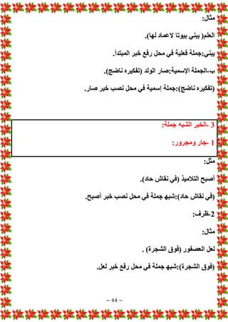 ~ 44 ~
:‫مثال‬
.)‫لها‬ ‫العماد‬ ‫بيوتا‬ ‫يبني‬ (‫العلم‬
.‫المبتدأ‬ ‫خبر‬ ‫رفع‬ ‫محل‬ ‫في‬ ‫فعلية‬ ‫جملة‬:‫يبني‬
‫ب‬
-
.)‫ناضج‬ ‫(تفكيره‬ ‫الولد‬ ‫صار‬:‫اإلسمية‬ ‫الجملة‬
.‫صار‬ ‫خبر‬ ‫نصب‬ ‫محل‬ ‫في‬ ‫إسمية‬ ‫جملة‬:)‫ناضج‬ ‫(تفكيره‬
3
-
:‫جملة‬ ‫الشبه‬ ‫الخبر‬
1
-
:‫ومجرور‬ ‫جار‬
:‫مثل‬
.)‫حاد‬ ‫نقاش‬ ‫(في‬ ‫التالميذ‬ ‫أصبح‬
‫حاد‬ ‫نقاش‬ ‫(في‬
.‫أصبح‬ ‫خبر‬ ‫نصب‬ ‫محل‬ ‫في‬ ‫جملة‬ ‫شبه‬:)
2
-
:‫ظرف‬
:‫مثال‬
. )‫الشجرة‬ ‫(فوق‬ ‫العصفور‬ ‫لعل‬
.‫لعل‬ ‫خبر‬ ‫رفع‬ ‫محل‬ ‫في‬ ‫جملة‬ ‫شبه‬:)‫الشجرة‬ ‫(فوق‬
 