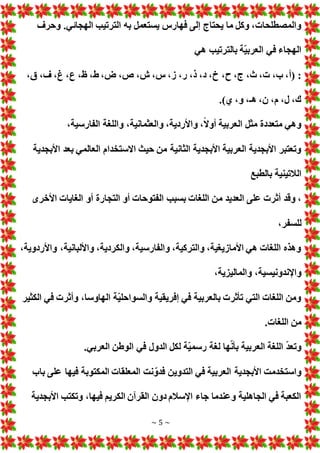 ~ 5 ~
‫وحرف‬ .‫الهجائي‬ ‫الترتيب‬ ‫به‬ ‫يستعمل‬ ‫فهارس‬ ‫إلى‬ ‫يحتاج‬ ‫ما‬ ‫وكل‬ ، ‫والمصطلحا‬
‫هي‬ ‫بالترتيب‬ ‫ّة‬‫ي‬‫العرب‬ ‫في‬ ‫الهجاء‬
،‫ح‬ ،‫ج‬ ،‫ث‬ ، ،‫ب‬ ،‫(أ‬ :
،‫ق‬ ،‫ف‬ ،‫غ‬ ،‫ع‬ ،‫ظ‬ ،‫ط‬ ،‫ض‬ ،‫ص‬ ،‫ش‬ ،‫س‬ ،‫ز‬ ،‫ر‬ ،‫ذ‬ ،‫د‬ ،‫خ‬
.)‫ي‬ ،‫و‬ ،‫هـ‬ ،‫ن‬ ،‫م‬ ،‫ل‬ ،‫ك‬
،‫الفارسية‬ ‫واللغة‬ ،‫والعثمانية‬ ،‫واألردية‬ ،ً‫ال‬‫أو‬ ‫العربية‬ ‫مثل‬ ‫متعددة‬ ‫وهي‬
‫األبجدية‬ ‫بعد‬ ‫العالمي‬ ‫االستخدام‬ ‫حيث‬ ‫من‬ ‫الثانية‬ ‫األبجدية‬ ‫العربية‬ ‫األبجدية‬ ‫وتعتبر‬
‫بالطبع‬ ‫الالتينية‬
‫م‬ ‫العديد‬ ‫على‬ ‫أثر‬ ‫وقد‬ ،
‫األخرى‬ ‫الغايا‬ ‫أو‬ ‫التجارة‬ ‫أو‬ ‫الفتوحا‬ ‫بسبب‬ ‫اللغا‬ ‫ن‬
،‫للسفر‬
،‫واألردوية‬ ،‫واأللبانية‬ ،‫والكردية‬ ،‫والفارسية‬ ،‫والتركية‬ ،‫األمازيغية‬ ‫هي‬ ‫اللغا‬ ‫وهذه‬
،‫والماليزية‬ ،‫واإلندونيسية‬
‫الكثير‬ ‫في‬ ‫وأثر‬ ،‫الهاوسا‬ ‫ّة‬‫ي‬‫والسواحل‬ ‫إفريقية‬ ‫في‬ ‫بالعربية‬ ‫تأثر‬ ‫التي‬ ‫اللغا‬ ‫ومن‬
. ‫اللغا‬ ‫من‬
.‫العربي‬ ‫الوطن‬ ‫في‬ ‫الدول‬ ‫لكل‬ ‫ّة‬‫ي‬‫رسم‬ ‫لغة‬ ‫ها‬ّ‫ن‬‫بأ‬ ‫العربية‬ ‫اللغة‬ ّ‫د‬‫وتع‬
‫باب‬ ‫على‬ ‫فيها‬ ‫المكتوبة‬ ‫المعلقا‬ ‫نت‬ّ‫فدو‬ ‫التدوين‬ ‫في‬ ‫العربية‬ ‫األبجدية‬ ‫واستخدمت‬
‫األبجدية‬ ‫وتكتب‬ ،‫فيها‬ ‫الكريم‬ ‫القرآن‬ ‫دون‬ ‫اإلسالم‬ ‫جاء‬ ‫وعندما‬ ‫الجاهلية‬ ‫في‬ ‫الكعبة‬
 