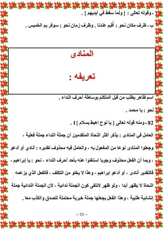 ~ 55 ~
. } ‫أيديهم‬ ‫في‬ ‫سقط‬ ‫ولما‬ { : ‫تعالى‬ ‫وقوله‬ ‫ـ‬
. ‫الخميس‬ ‫يم‬ ‫سوفر‬ : ‫نحو‬ ‫زمان‬ ‫وظرف‬ . ‫عندنا‬ ‫قيم‬ُ‫أ‬ : ‫نحو‬ ‫مكان‬ ‫ظرف‬ ‫ـ‬ ‫ب‬
‫المنادى‬
: ‫تعريفه‬
. ‫النداء‬ ‫أحرف‬ ‫بوساطة‬ ‫المتكلم‬ ‫قبل‬ ‫من‬ ‫يطلب‬ ‫ظاهر‬ ‫اسم‬
‫محمد‬ ‫يا‬ : ‫نحو‬
.
82
} ‫بسالم‬ ‫اهبط‬ ‫نوح‬ ‫يا‬ { ‫تعالى‬ ‫قوله‬ ‫ومنه‬ ‫ـ‬
1
.
، ‫فعلية‬ ‫جملة‬ ‫النداء‬ ‫جملة‬ ‫أن‬ ‫المتقدمين‬ ‫النحاة‬ ‫أكثر‬ ‫يذكر‬ : ‫المنادى‬ ‫في‬ ‫العامل‬
‫أدعو‬ ‫أو‬ ‫أنادي‬ : ‫تقديره‬ ‫محذوف‬ ‫فيه‬ ‫والعامل‬ ، ‫به‬ ‫المفعول‬ ‫من‬ ‫نوعا‬ ‫المنادى‬ ‫وجعلوا‬
‫النداء‬ ‫أحرف‬ ‫بأحد‬ ‫عنه‬ ‫استغنوا‬ ‫وجوبا‬ ‫محذوف‬ ‫الفعل‬ ‫أن‬ ‫وبما‬ ،
، ‫إبراهيم‬ ‫يا‬ : ‫نحو‬ ،
‫يزعمه‬ ‫الذي‬ ‫فالفعل‬ ، ‫التكلف‬ ‫من‬ ‫يخلو‬ ‫ال‬ ‫وهذا‬ ، ‫إبراهيم‬ ‫أدعو‬ ‫أو‬ ، ‫أنادى‬ ‫فالتقدير‬
‫جملة‬ ‫الندائية‬ ‫الجملة‬ ‫ألن‬ ، ‫ندائية‬ ‫الجملة‬ ‫كون‬ ‫النتفى‬ ‫ظهر‬ ‫ولو‬ ، ‫أبدا‬ ‫يظهر‬ ‫ال‬ ‫النحاة‬
. ‫معا‬ ‫والكذب‬ ‫للصدق‬ ‫محتملة‬ ‫خبرية‬ ‫جملة‬ ‫يجعلها‬ ‫الفعل‬ ‫وهذا‬ ، ‫طلبية‬ ‫إنشائية‬
 