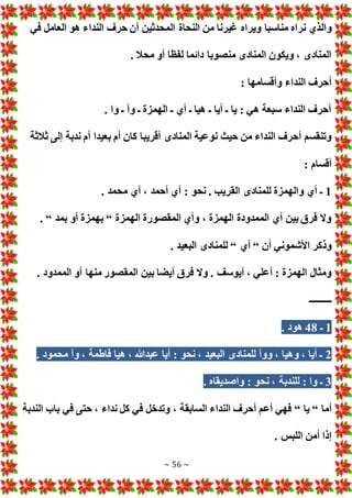 ~ 56 ~
‫وال‬
‫في‬ ‫العامل‬ ‫هو‬ ‫النداء‬ ‫حرف‬ ‫أن‬ ‫المحدثين‬ ‫النحاة‬ ‫من‬ ‫غيرنا‬ ‫ويراه‬ ‫مناسبا‬ ‫نراه‬ ‫ذي‬
. ‫محال‬ ‫أو‬ ‫لفظا‬ ‫دائما‬ ‫منصوبا‬ ‫المنادى‬ ‫ويكون‬ ، ‫المنادى‬
: ‫وأقسامها‬ ‫النداء‬ ‫أحرف‬
. ‫وا‬ ‫ـ‬ ‫وآ‬ ‫ـ‬ ‫الهمزة‬ ‫ـ‬ ‫أي‬ ‫ـ‬ ‫هيا‬ ‫ـ‬ ‫أيا‬ ‫ـ‬ ‫يا‬ : ‫هي‬ ‫سبعة‬ ‫النداء‬ ‫أحرف‬
‫أقريب‬ ‫المنادى‬ ‫نوعية‬ ‫حيث‬ ‫من‬ ‫النداء‬ ‫أحرف‬ ‫وتنقسم‬
‫ثالثة‬ ‫إلى‬ ‫ندبة‬ ‫أم‬ ‫بعيدا‬ ‫أم‬ ‫كان‬ ‫ا‬
: ‫أقسام‬
1
. ‫محمد‬ ‫آي‬ ، ‫أحمد‬ ‫أي‬ : ‫نحو‬ . ‫القريب‬ ‫للمنادى‬ ‫والهمزة‬ ‫أي‬ ‫ـ‬
‫الهمزة‬ ‫المقصورة‬ ‫وأي‬ ، ‫الهمزة‬ ‫الممدودة‬ ‫أي‬ ‫بين‬ ‫فرق‬ ‫وال‬
“
‫بمد‬ ‫أو‬ ‫بهمزة‬
. “
‫أن‬ ‫األشموني‬ ‫وذكر‬
“
‫آي‬
“
. ‫البعيد‬ ‫للمنادى‬
‫ب‬ ‫أيضا‬ ‫فرق‬ ‫وال‬ . ‫آيوسف‬ ، ‫أعلي‬ : ‫الهمزة‬ ‫ومثال‬
. ‫الممدود‬ ‫أو‬ ‫منها‬ ‫المقصور‬ ‫ين‬
‫ــــــــــ‬
1
‫ـ‬
48
. ‫هود‬
2
. ‫محمود‬ ‫وآ‬ ، ‫فاطمة‬ ‫هيا‬ ، ‫عبدهللا‬ ‫أيا‬ : ‫نحو‬ ، ‫البعيد‬ ‫للمنادى‬ ‫ووآ‬ ، ‫وهيا‬ ، ‫أيا‬ ‫ـ‬
3
. ‫واصديقاه‬ : ‫نحو‬ ، ‫للندبة‬ : ‫وا‬ ‫ـ‬
‫أما‬
“
‫يا‬
“
‫الندبة‬ ‫باب‬ ‫في‬ ‫حتى‬ ، ‫نداء‬ ‫كل‬ ‫في‬ ‫وتدخل‬ ، ‫السابقة‬ ‫النداء‬ ‫أحرف‬ ‫أعم‬ ‫فهي‬
‫ا‬ ‫أمن‬ ‫إذا‬
. ‫للبس‬
 